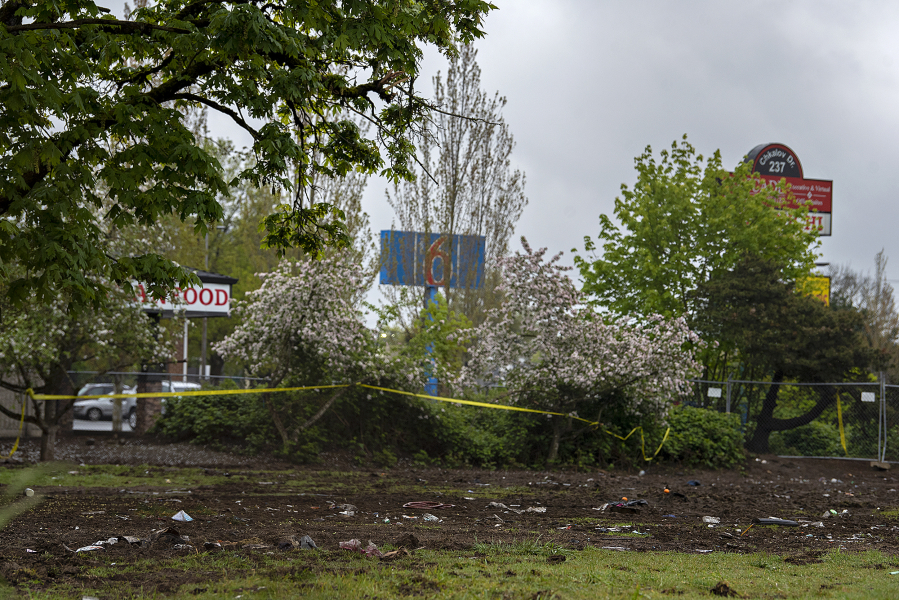 A large homeless camp north of Southeast Mill Plain Boulevard, where Northeast Chkalov Drive turns into Northeast 112th Avenue, was removed by the city of Vancouver last week. A neighboring property owner is looking into purchasing the now vacant lot, seen here Monday, but nothing has been solidified, according to Jamie Spinelli, Vancouver's Homeless Response Coordinator.