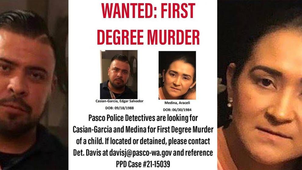 The Pasco Police Department announced Wednesday that a nationwide warrant has been issued for the father of a child whose body was found in rural Benton County in February. His girlfriend is also wanted.