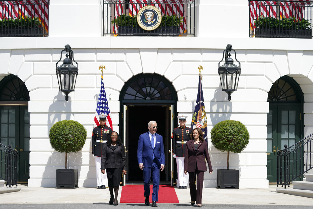 President Joe Biden, accompanied by Vice President Kamala Harris and Judge Ketanji Brown Jackson, walks to speak at an event on the South Lawn of the White House in Washington, Friday, April 8, 2022, celebrating the confirmation of Jackson as the first Black woman to reach the Supreme Court.