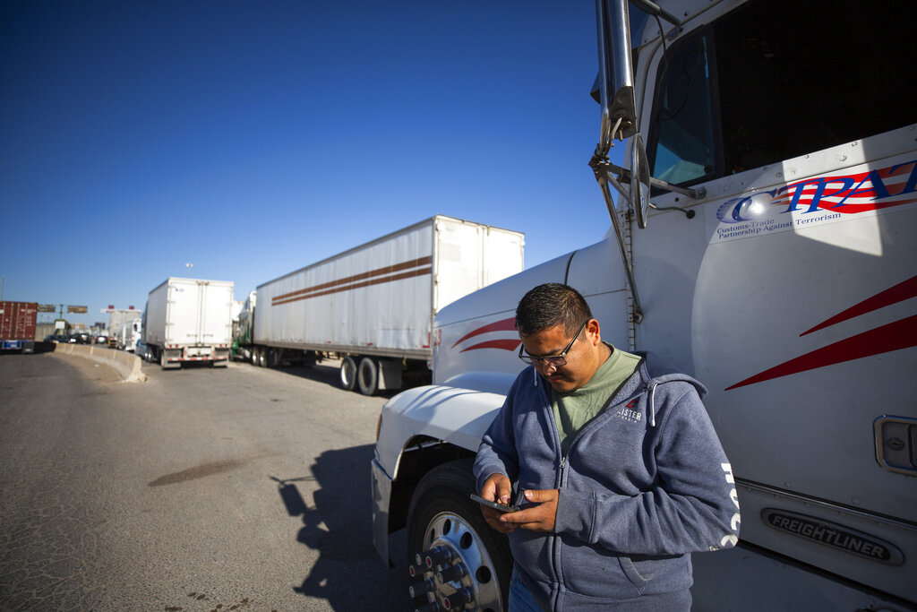 Jose Salas, a trucker from Ciudad Juarez waits at the Puente LIbre to enter the U.S. on April 12, 2022. He had been waiting for three hours and the commercial line had not moved when it typically will take him 2 hours at most to transport to El Paso from Ciudad Juarez.