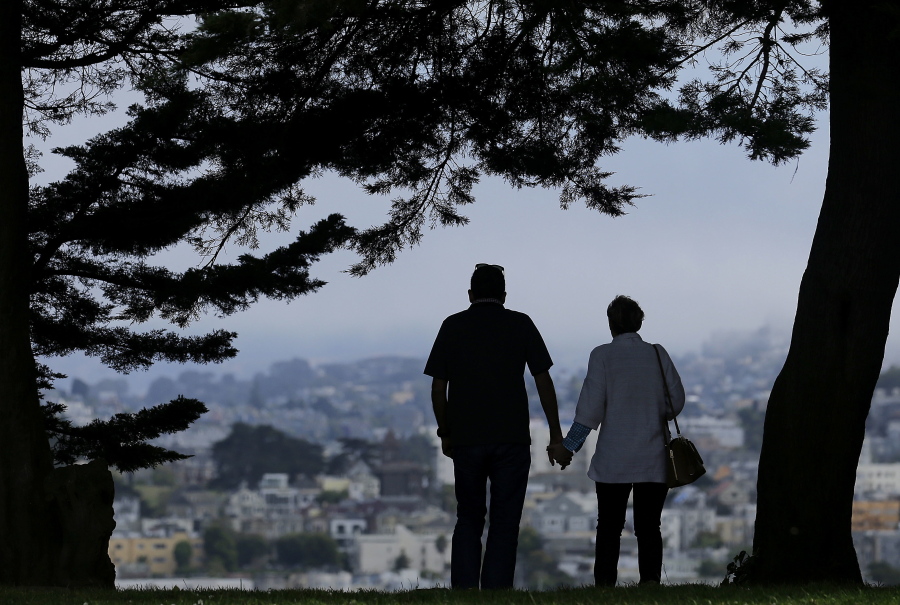 FILE- A man and woman walk under trees down a path at Alta Plaza Park in San Francisco. People in the final stretches of their working years feel less prepared to successfully age in their own homes than those who are 65 and older and already likely to have shifted into their retirement years. That age gap is among the key findings of The Associated Press-NORC Center for Public Affairs poll.