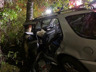 Vancouver Fire Department crews spent 30 minutes extricating a driver trapped in a crashed vehicle Friday night on Laframbois Road.