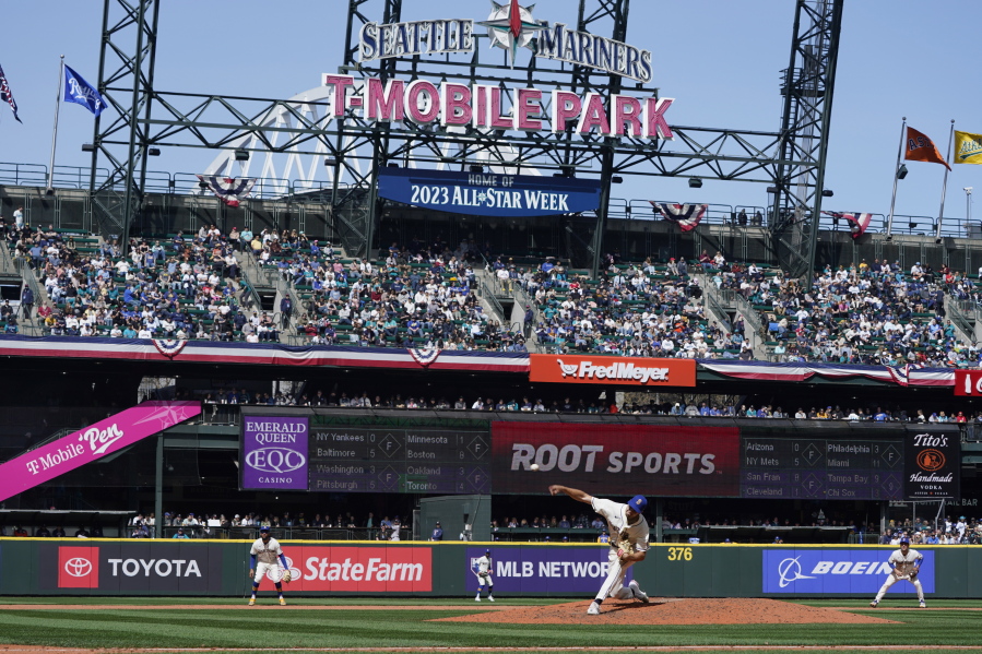 Seattle Mariners starting pitcher Matt Brash throws against the Houston Astros, Sunday, April 17, 2022, at T-Mobile Park in Seattle. Brash had pitched five no-hit innings going into the sixth, but then gave up two hits and two earned runs to the Houston Astros during the inning.(AP Photo/Ted S.
