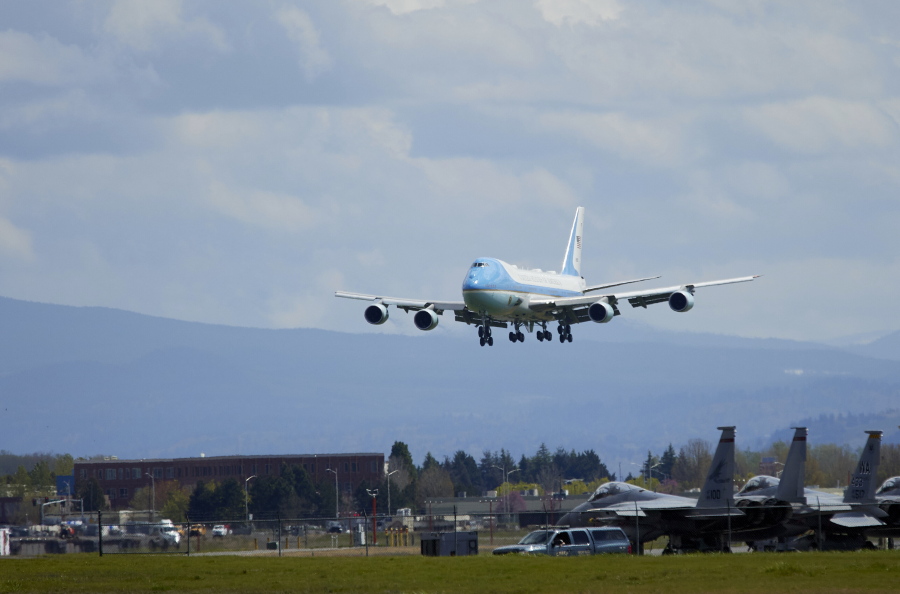 Air Force One with President Joe Biden arrives at Portland International Airport in Portland, Ore., Thursday, April 21, 2022.