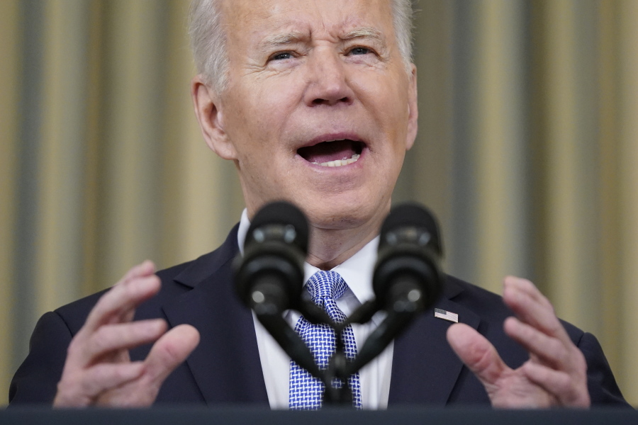 President Joe Biden speaks about the March jobs report in the State Dining Room of the White House, Friday, April 1, 2022, in Washington.