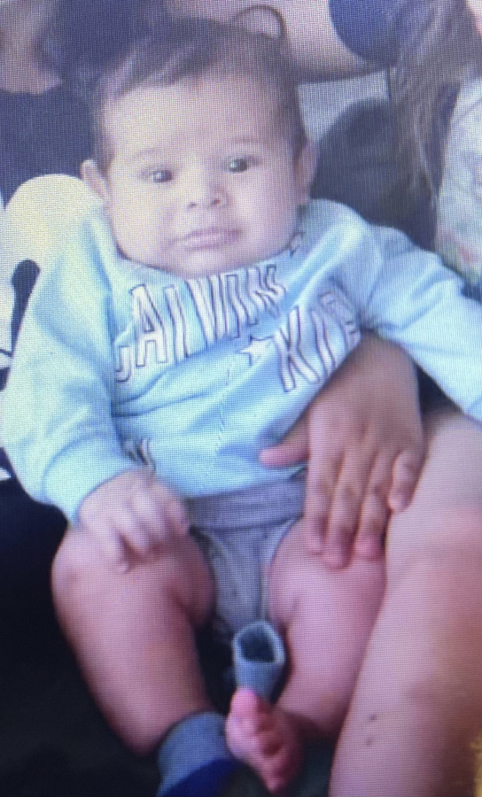 This photo released Monday, April 25, 2022, by the San Jose Police Department shows three-month old Brandon Cuellar. California authorities and the FBI are searching for the 3-month-old baby who was reported to have been taken from his San Francisco Bay Area home by a stranger. Police say a man entered an apartment in San Jose around 1 p.m. Monday and walked away with little Brandon Cuellar in a baby carrier.