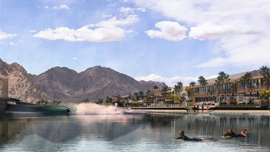 This artist rendering shows Coral Mountain Resort with a large human-made surf lagoon that is proposed for the region around Palm Springs, Calif.