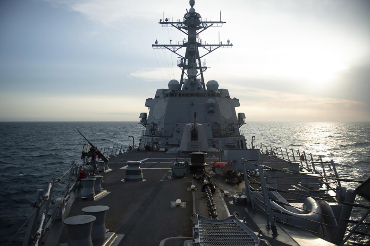 The U.S. Navy's Arleigh Burke-class guided-missile destroyer USS Sampson (DDG 102) conducted a routine Taiwan Strait transit Tuesday, April 26, 2022. China protested Wednesday against the sailing of a U.S. Navy guided-missile destroyer through the Taiwan Strait the previous day, accusing the American side of hyping the maneuver.(U.S.
