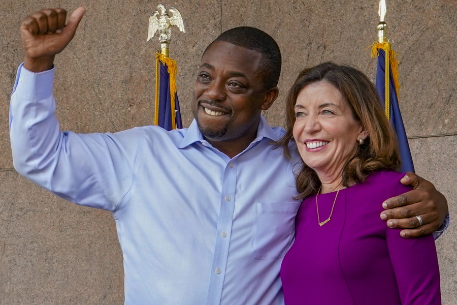 FILE - State Sen. Brian Benjamin embraces Gov. Kathy Hochul during an event in the Harlem, New York, after she made him lieutenant governor, Aug. 26, 2021. Hochul's previously smooth path to the Democratic primary hit a major bump this week when Benjamin resigned following his arrest in a federal corruption investigation.