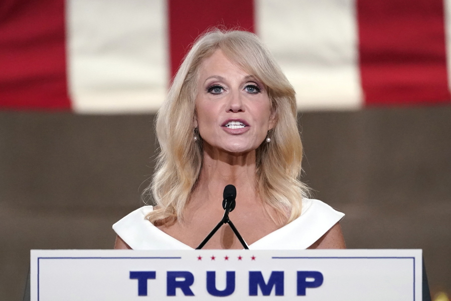 FILE - White House counselor Kellyanne Conway tapes her speech for the third day of the Republican National Convention from the Andrew W. Mellon Auditorium in Washington, Aug. 26, 2020.