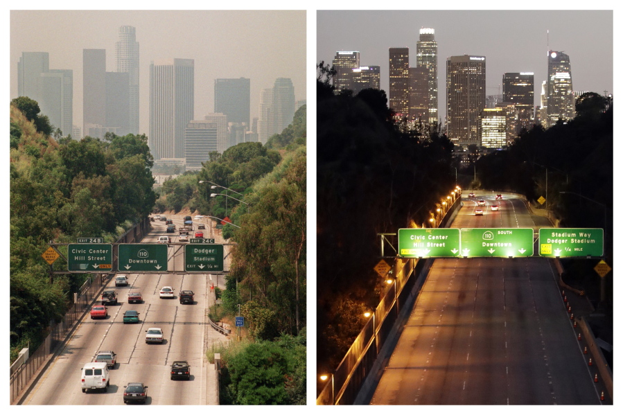 This combination of July 1998 and April 2020 photos shows a difference in smog levels above the Los Angeles skyline, with California Highway 110 in the foreground.