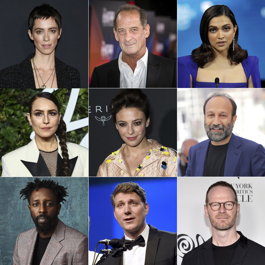 This combination of photos shows the members of the Cannes Film Festival jury, top row from left, British actor and filmmaker Rebecca Hall, French actor and jury president Vincent Lindon, India star Deepika Padukone; second tow from left, Swedish actor Noomi Rapace; Italian actor-director Jasmine Trinca; the Oscar-winning Iranian filmmaker Asghar Farhadi; bottom row from left, French director Ladj Ly; American filmmaker Jeff Nichols; and Norwegian director Joachim Trier.