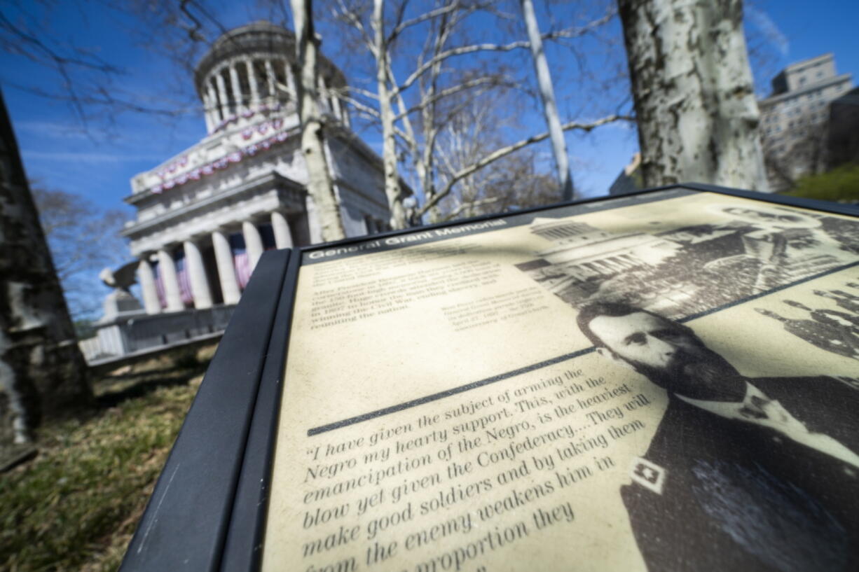 A informational plaque is displayed outside the perimeter of the General Grant National Memorial, Friday, April 22, 2022, in the Manhattan borough of New York. This month marks the 200th anniversary of the birth of Civil War hero and two-term president Ulysses S. Grant.