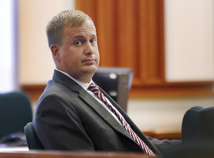 Former Idaho state Rep. Aaron von Ehlinger glances toward the gallery during the second day of testimony in his rape trial at the Ada County Courthouse, Wednesday, April 27, 2022, in Boise, Idaho.