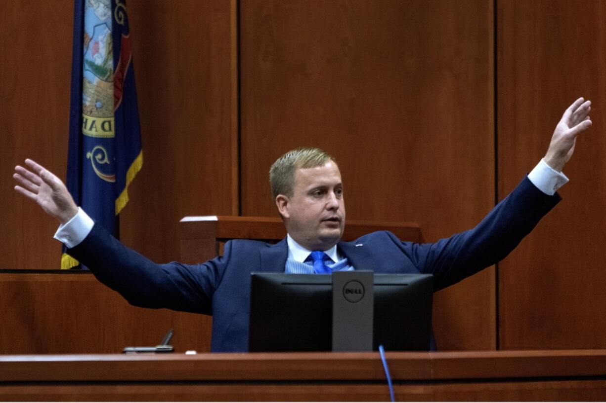 Former Idaho state Rep. Aaron von Ehlinger testifies on his own behalf during day three of his rape trial at the Ada County Courthouse, Thursday, April 28, 2022, in Boise, Idaho.