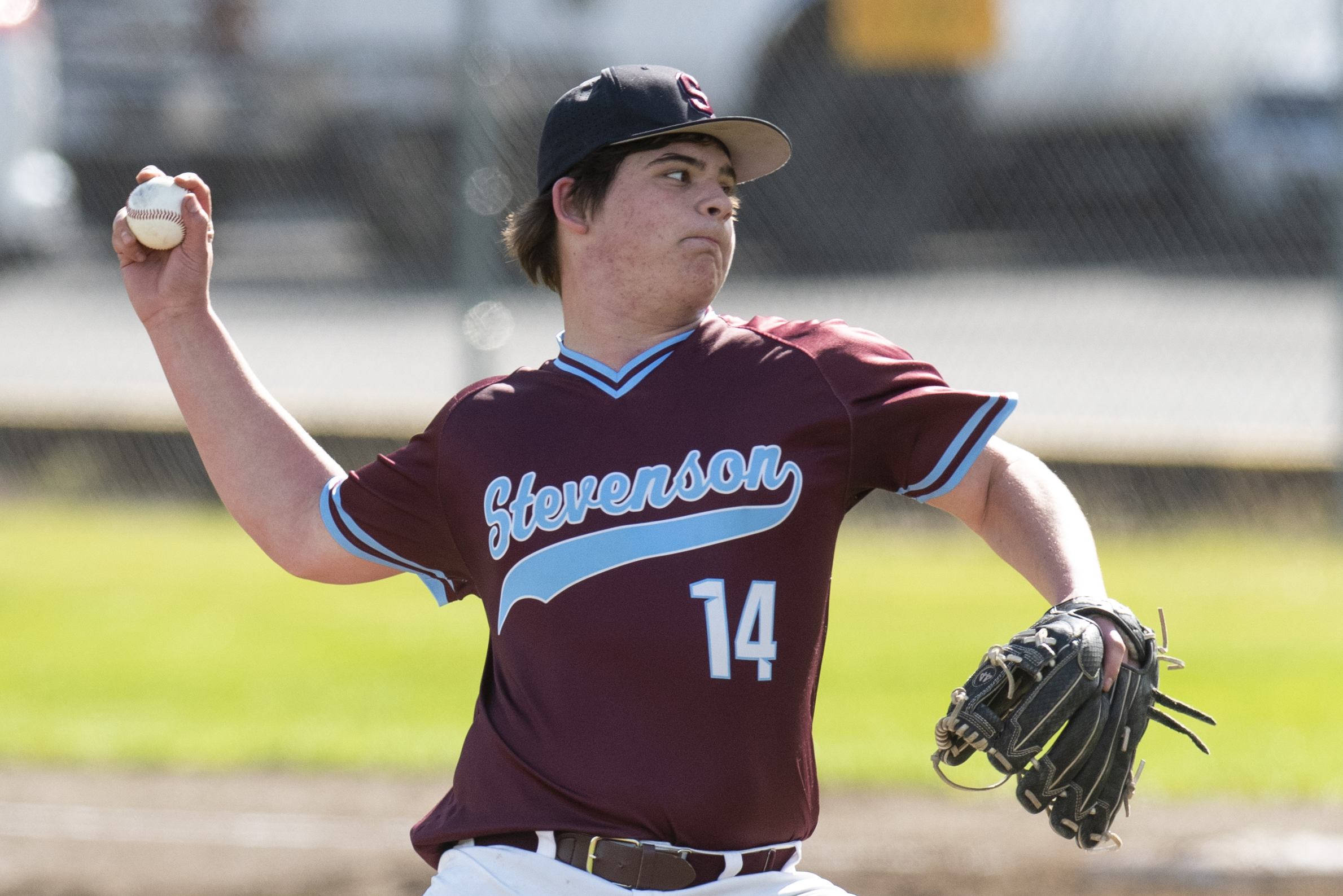 Stevenson's Max Jenkins (14) winds up to deliver a pitch during a road game against Onalaska on Friday, April 15.