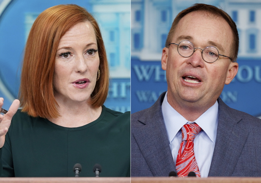 White House press secretary Jen Psaki speaks during a press briefing at the White House in Washington on March 9, 2022, left, and then White House chief of staff Mick Mulvaney addresses the media at the White House on Oct. 17, 2019. The hiring of non-journalists as contributors to television news organizations isn't new. Far less common is seeing pushback from the journalists working there, as has happened recently at CBS and NBC News. CBS is hiring  Mulvaney, a former Trump administration official and MSNBC is in discussions to hire Psaki when her time in the Biden administration is through.