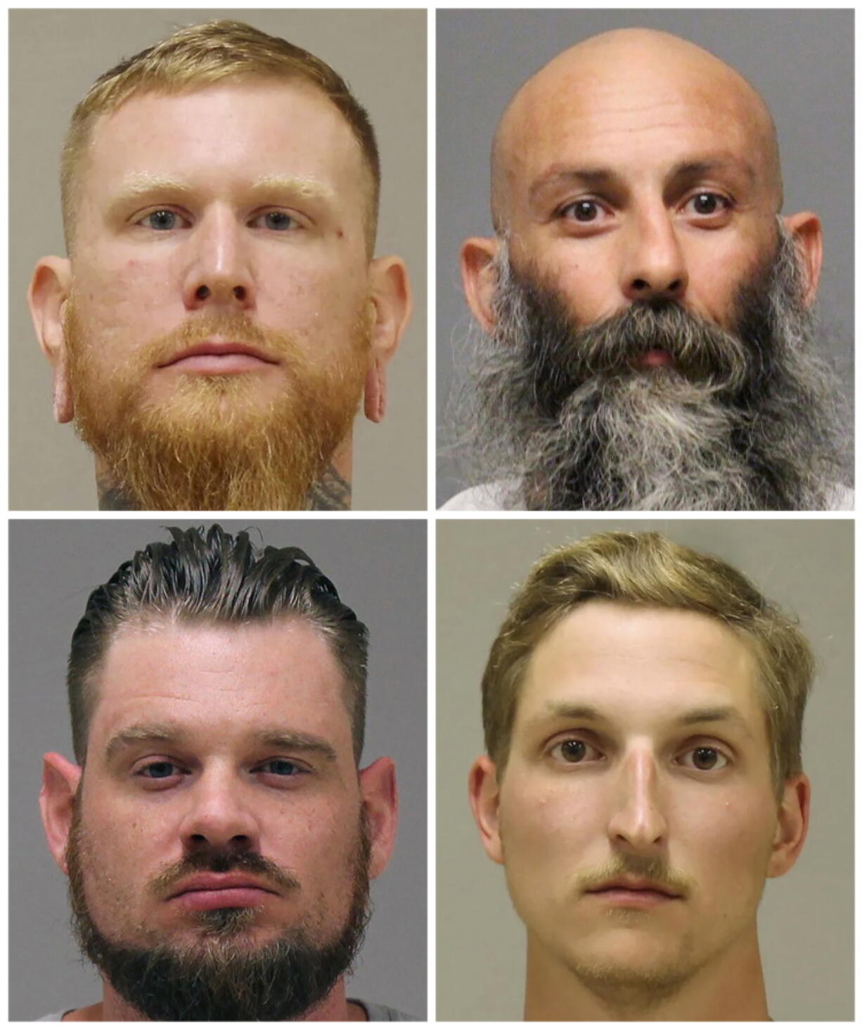 FILE - This combination of photos provided by the Kent County Sheriff and the Delaware Department of Justice shows, top row from left, Brandon Caserta and Barry Croft; and bottom row from left, Adam Dean Fox and Daniel Harris. The four members of anti-government groups are facing trial in March 2022 on federal charges accusing them in a plot to abduct Michigan's Democratic Gov. Gretchen Whitmer in 2020. Jury selection begins Tuesday, March 8, 2022, in a trial the presiding judge at the U.S. District Court courthouse in Grand Rapids, Mich., said could take over a month.