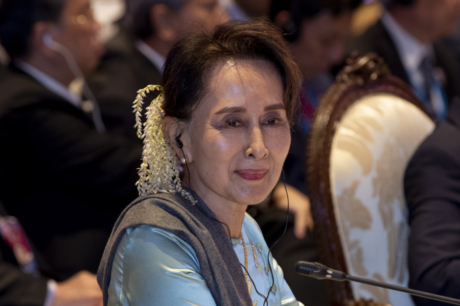 FILE - Myanmar leader Aung San Suu Kyi participates in the ASEAN-Japan summit in Nonthaburi, Thailand on Nov. 4, 2019. A legal official says ousted Myanmar leader Aung San Suu Kyi has been sentenced to 5 years in prison in the first of several corruption cases.