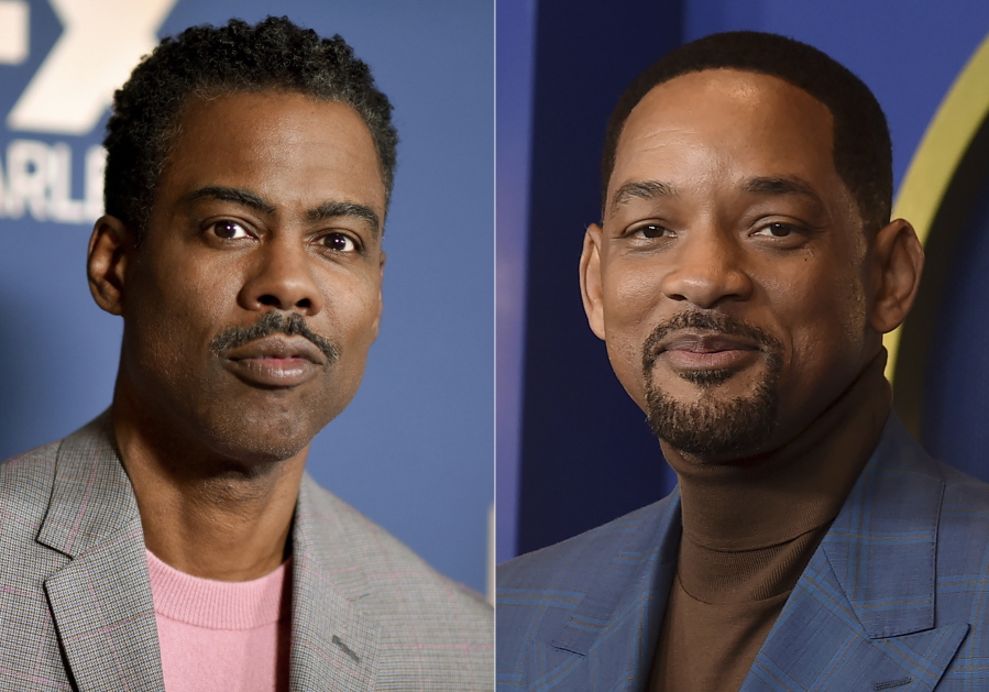 Chris Rock appears at the the FX portion of theTelevision Critics Association Winter press tour in Pasadena, Calif., on Jan. 9, 2020, left, and   Will Smith appears at the 94th Academy Awards nominees luncheon in Los Angeles on March 7, 2022. Smith was banned from the Oscars, other film academy events for 10 years for slapping Rock onstage at Academy Awards.
