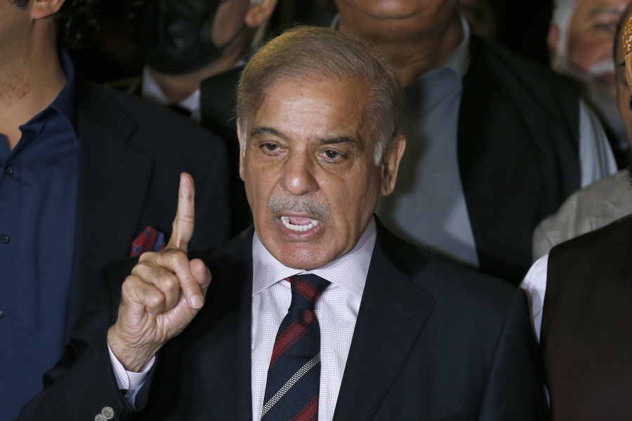 FILE - Pakistan's opposition leader Shahbaz Sharif speaks during a press conference after the Supreme Court decision, in Islamabad, Pakistan, April 7, 2022. Pakistan's parliament elected Sharif as the country's new prime minister on Monday April 11, 2022, after a walkout by lawmakers from ousted Premier Imran Khan's party.