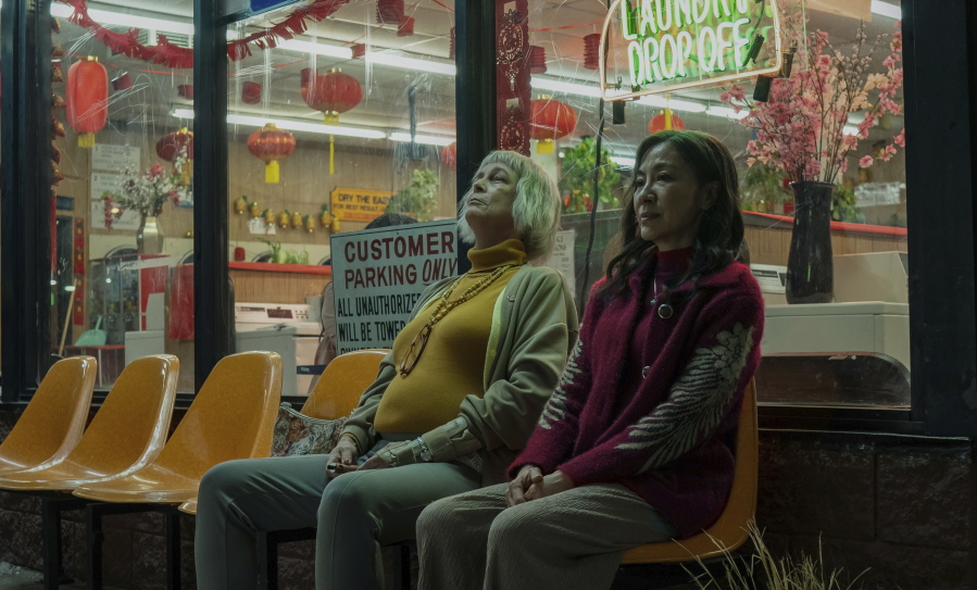 Jamie Lee Curtis, left, and Michelle Yeoh star in "Everything Everywhere All at Once." (Allyson Riggs/A24)