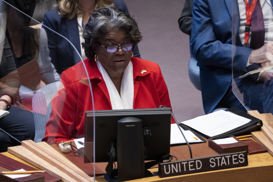 Linda Thomas-Greenfield, Permanent Representative of United States to the United Nations, speaks during a meeting of the UN Security Council, Tuesday, April 5, 2022, at United Nations headquarters. Ukrainian President Volodymyr Zelenskyy addressed the U.N. Security Council for the first time Tuesday at a meeting focused on what appears to be widespread deliberate killings of civilians by Russian troops.