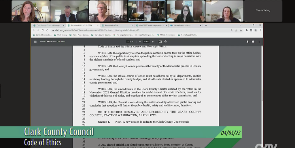 The Clark County Council met in early April to discuss the Code of Ethics.
