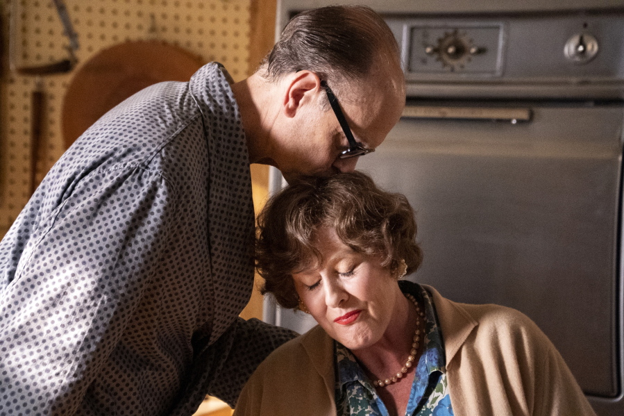 This image released by HBO Max shows David Hyde Pierce, left, and Sarah Lancashire in a scene from the series "Julia."  Pierce portrays Peter Child, husband and chief cheerleader of cooking legend Julia Child.