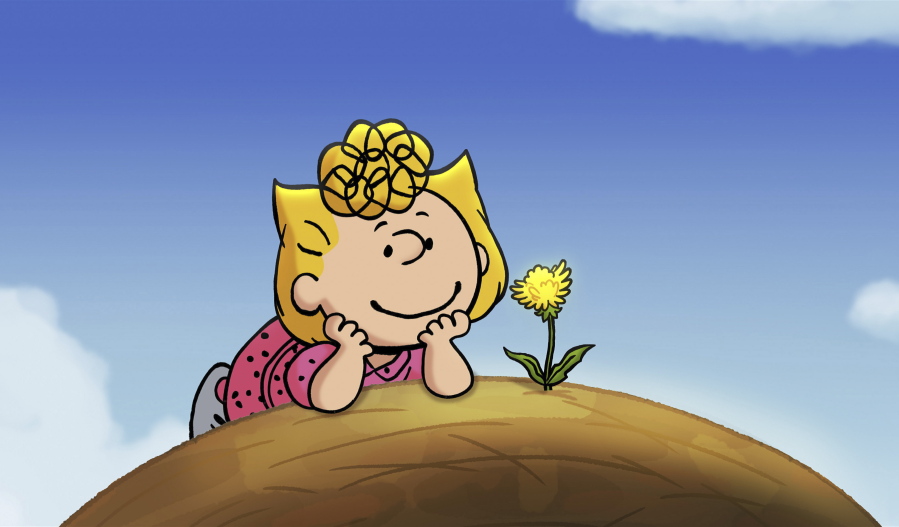This image released by Peanuts Worldwide LLC shows Peanuts character Sally in a scene from the special  "It's the Small Things, Charlie Brown,"  debuting on Apple TV+ on Friday. In the 40-minute film, Charlie Brown's hope to finally win the neighborhood championship baseball game is derailed when his little sister, Sally, choses to protect a dandelion growing on the pitcher's mound. Soon everyone is cleaning up the ballfield.