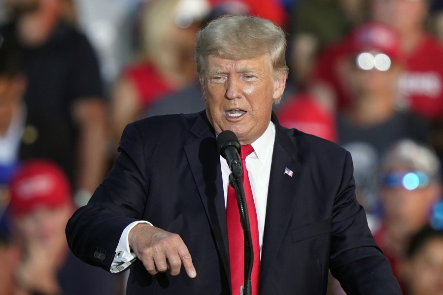 FILE - Former President Donald Trump speaks at a rally at the Lorain County Fairgrounds, June 26, 2021, in Wellington, Ohio. Former President Trump is returning to Ohio to try to boost Republican candidates and turnout ahead of the May 3 primary. Trump will headline an evening rally at the Delaware County Fairgrounds in Delaware, north of Columbus, on April 23.