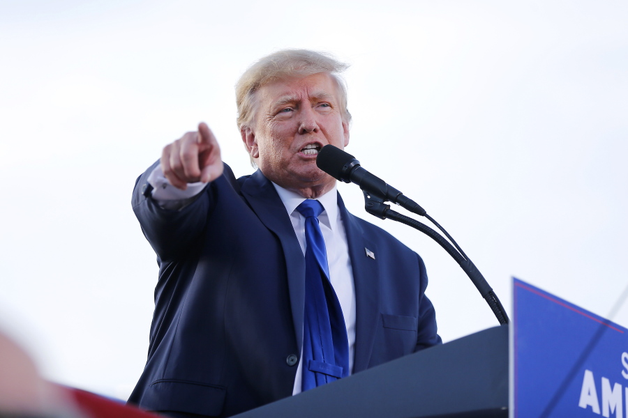 Former President Donald Trump speaks at a rally at the Delaware County Fairgrounds, Saturday, April 23, 2022, in Delaware, Ohio, to endorse Republican candidates ahead of the Ohio primary on May 3. A New York judge has found former president Donald Trump in contempt of court for failing to adequately respond to a subpoena issued by the state's attorney general as part of a civil investigation into his business dealings.