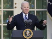 FILE - President Joe Biden speaks in the Rose Garden of the White House, in Washington, Nov. 19, 2021. Biden's administration is taking steps to expand availability of the life-saving COVID-19 antiviral treatment Paxlovid. It's trying to reassure doctors that there is ample supply for people at high risk of severe illness or death from the virus.