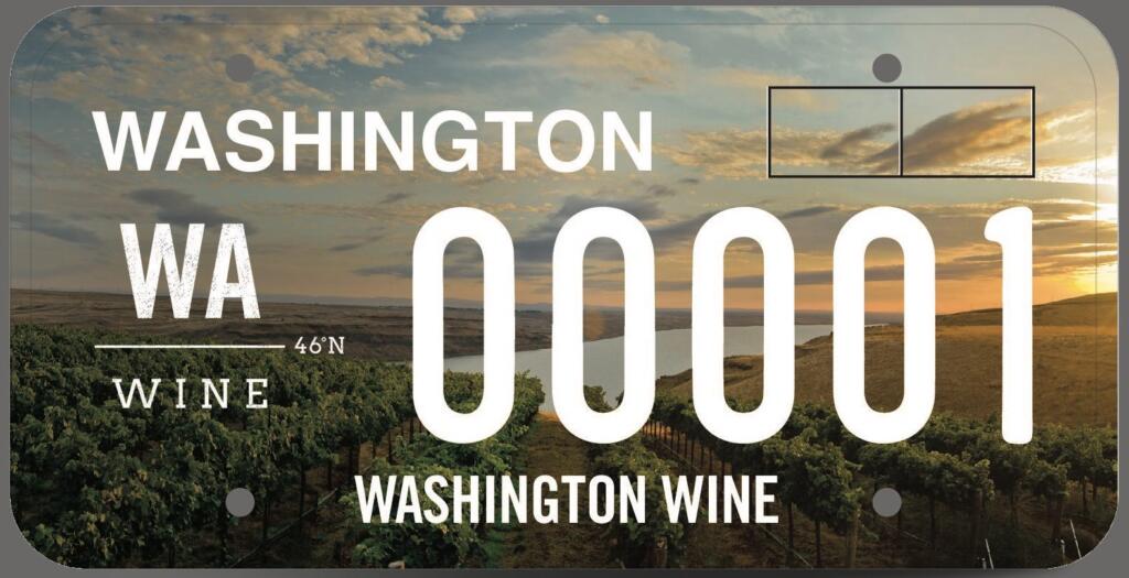 The Washington State Wine Commission helped to develop a mock-up of a special Washington wine license plate that features a landscape involving one of the state’s wine growing regions.