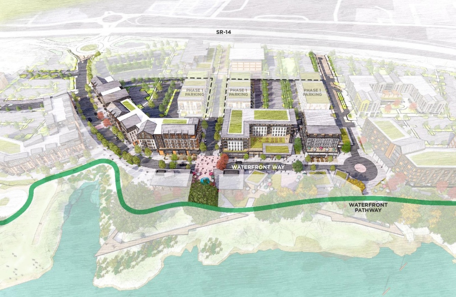 The first phase of the Waterfront at Parker's Landing will include construction of several streets and four buildings that will house apartments, retail businesses and restaurants.