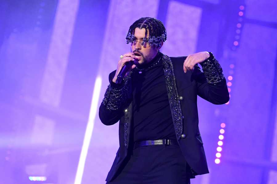 Reggaeton star Bad Bunny performs onstage at the 2020 Billboard Music Awards.