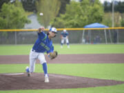 Jayden Rippelmeyer delievers a pitch in Mountain View's 4-2 loss to Silas of Tacoma in a 3A bi-district baseball playoff game at Unin HIgh School on Saturday, May 8, 2022.