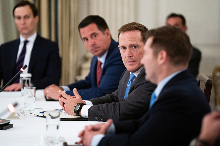 Rep. Ted Budd (R-NC) (center) joins fellow Congressional Republicans for a meeting with U.S. President Donald Trump in the State Dining Room at the White House May 8, 2020, in Washington, DC.