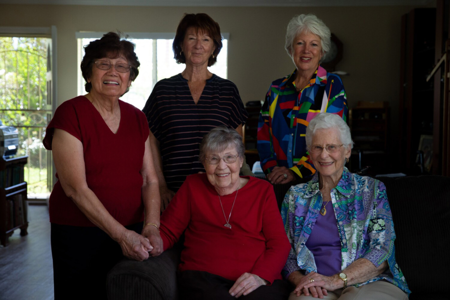 Pat Anderson, 89, far right, leads the Sisterhood of the Boobless Wonders, a group of seven senior lady knitters who are all breast cancer survivors. Together, these local women hand-knit breast-shaped yarn pillowlike prosthetics for women who have had mastectomies. Pictured from left, top to bottom: Pat Hamada 87, Jan Rillie, 70, K.J. Koljonen, 67, Pat Anderson, 89, and Pat Moller, 84.