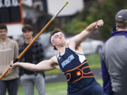 Hockinson's Cody Wheeler releases his winning throw of 196 feet, 5 inches to win the boys javelin at the 2A sub-district track and field meet at Washougal High School on Friday, May 13, 2022.