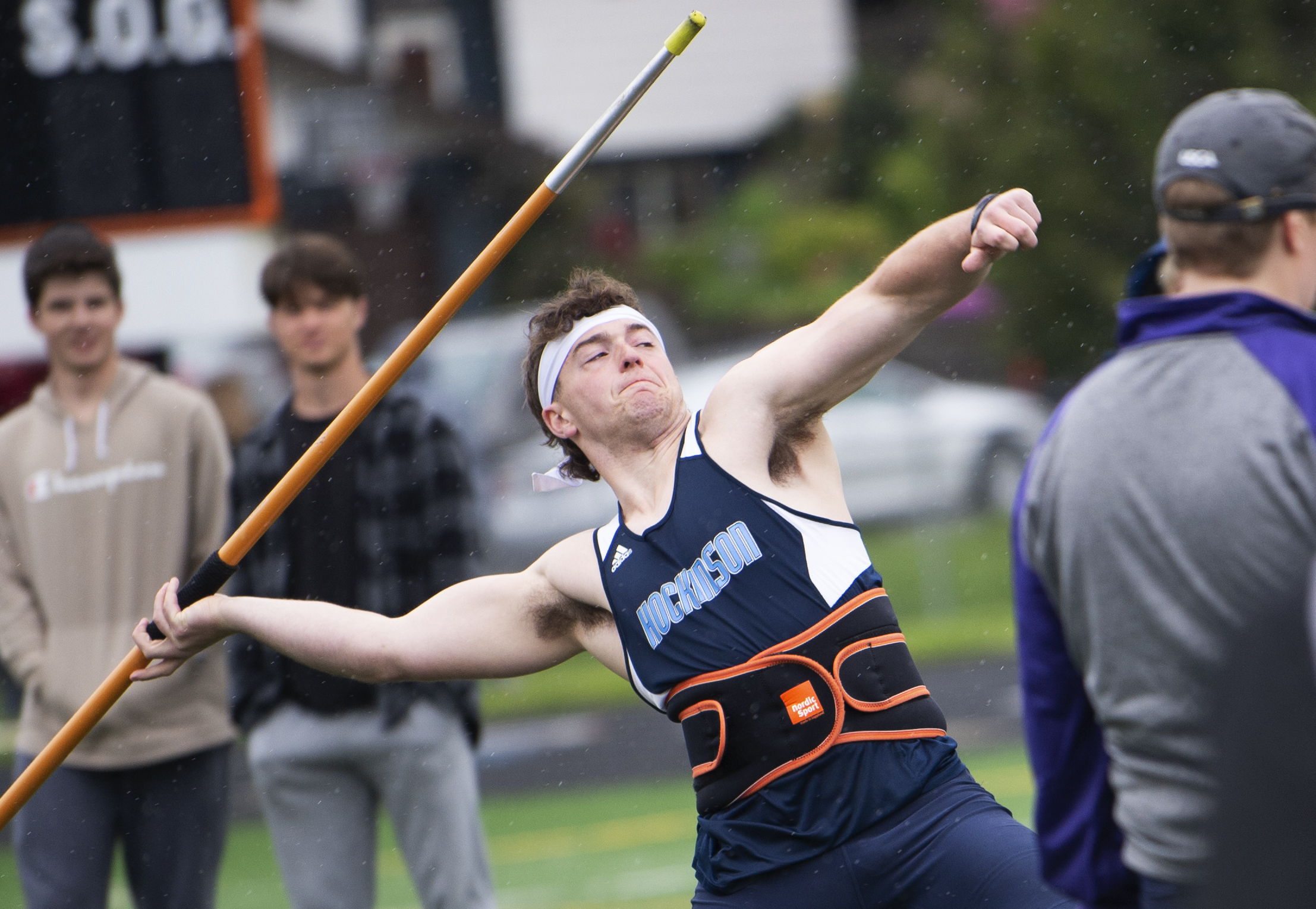 Hockinson's Cody Wheeler releases his winning throw of 196 feet, 5 inches to win the boys javelin at the 2A sub-district track and field meet at Washougal High School on Friday, May 13, 2022.