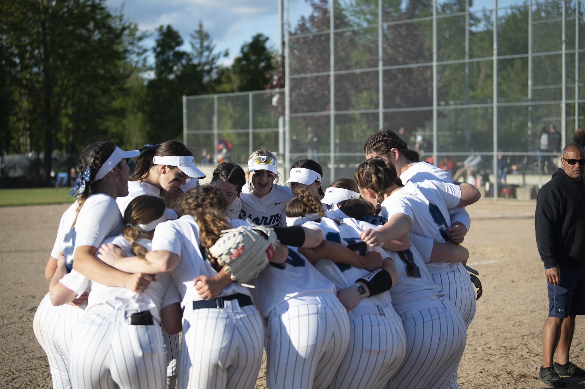 The Skyview softball team celebrates after clinching a state berth with an 8-2 win over Sumner in the 4A bi-district softball tournament in Auburn on Friday, May 20, 2022.