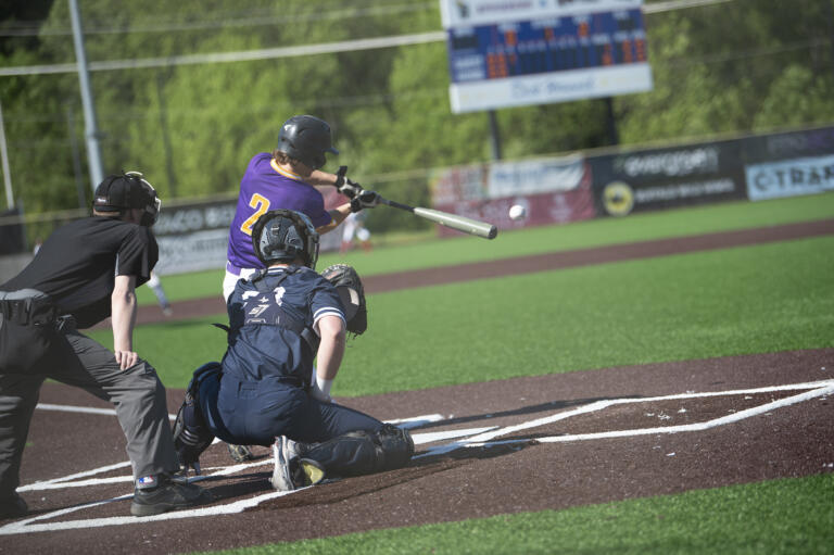 Adam Deeney of Columbia River (2) hits the ball playing for the American League all-stars during the Clark County High School Senior All-Star baseball series at the Ridgefield Outdoor Recreation Center on Tuesday, May 31, 2022.