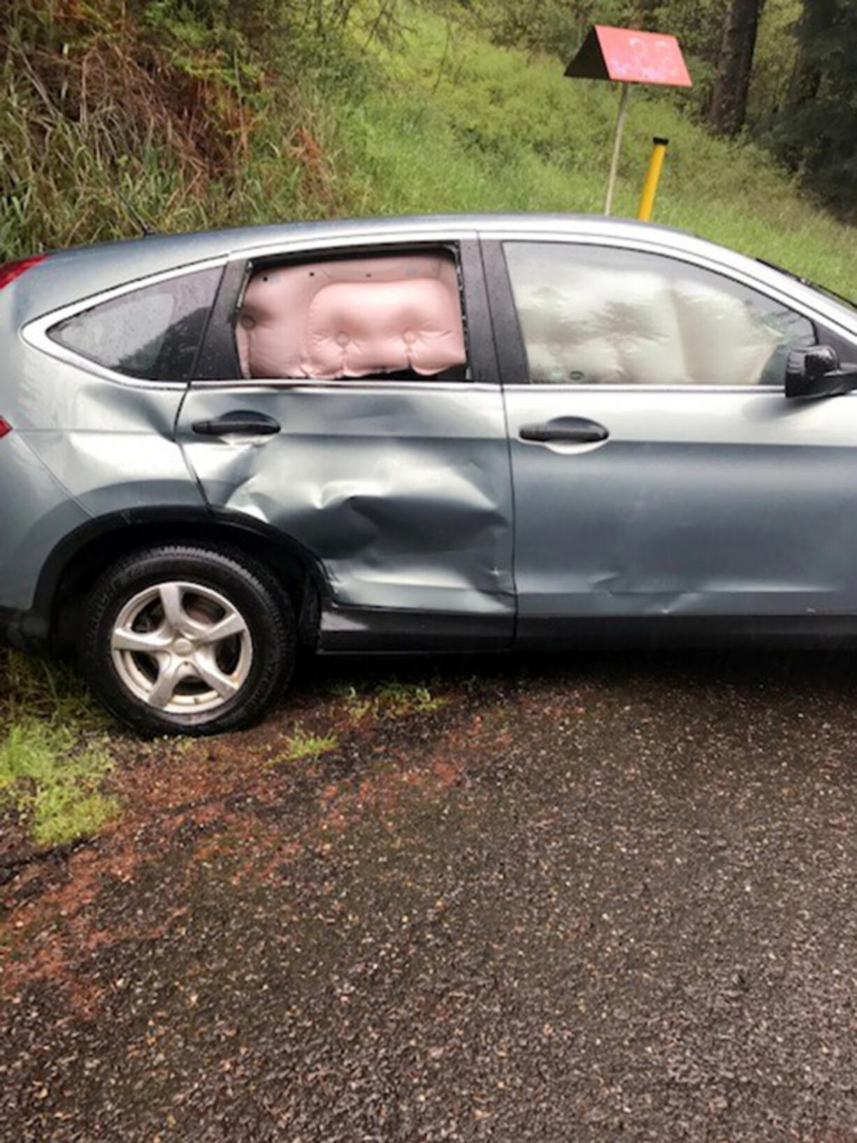 The SUV that Christopher Calvert, of Hermiston, Ore., allegedly evaded police in Thursday afternoon before crashing into a ditch. The Kennewick Police Department said the vehicle was stolen from 76-year-old Clayton Wick, of Kennewick, whom Calvert is also suspected of killing.