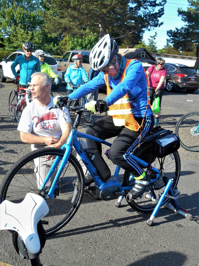 Vancouver Bicycle Club President Joe Cote and club member June Yamrick review bike safety during a Road Cycling 101 session in spring 2021.