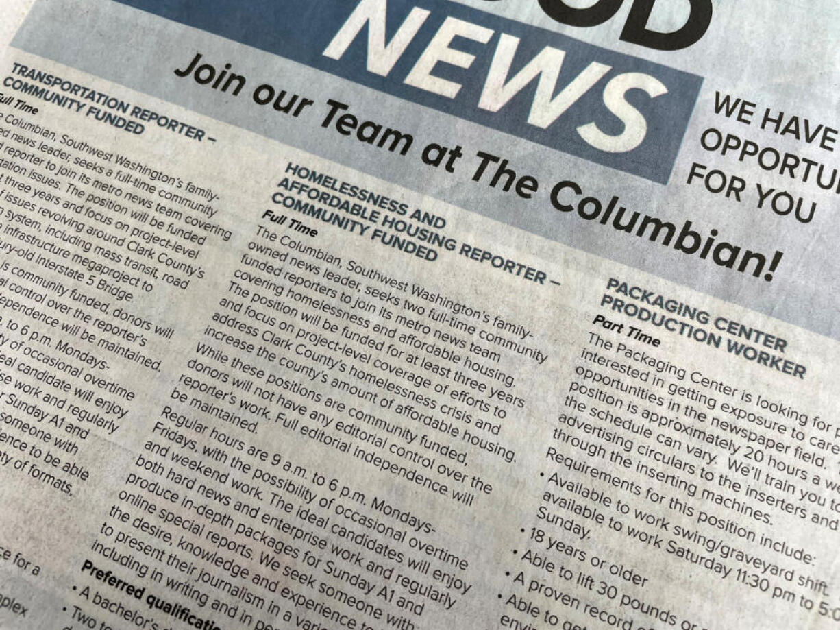 Recruitment ads for The Columbian's first community funded journalists are seen in the Sunday, May 22, 2022 edition of the newspaper.