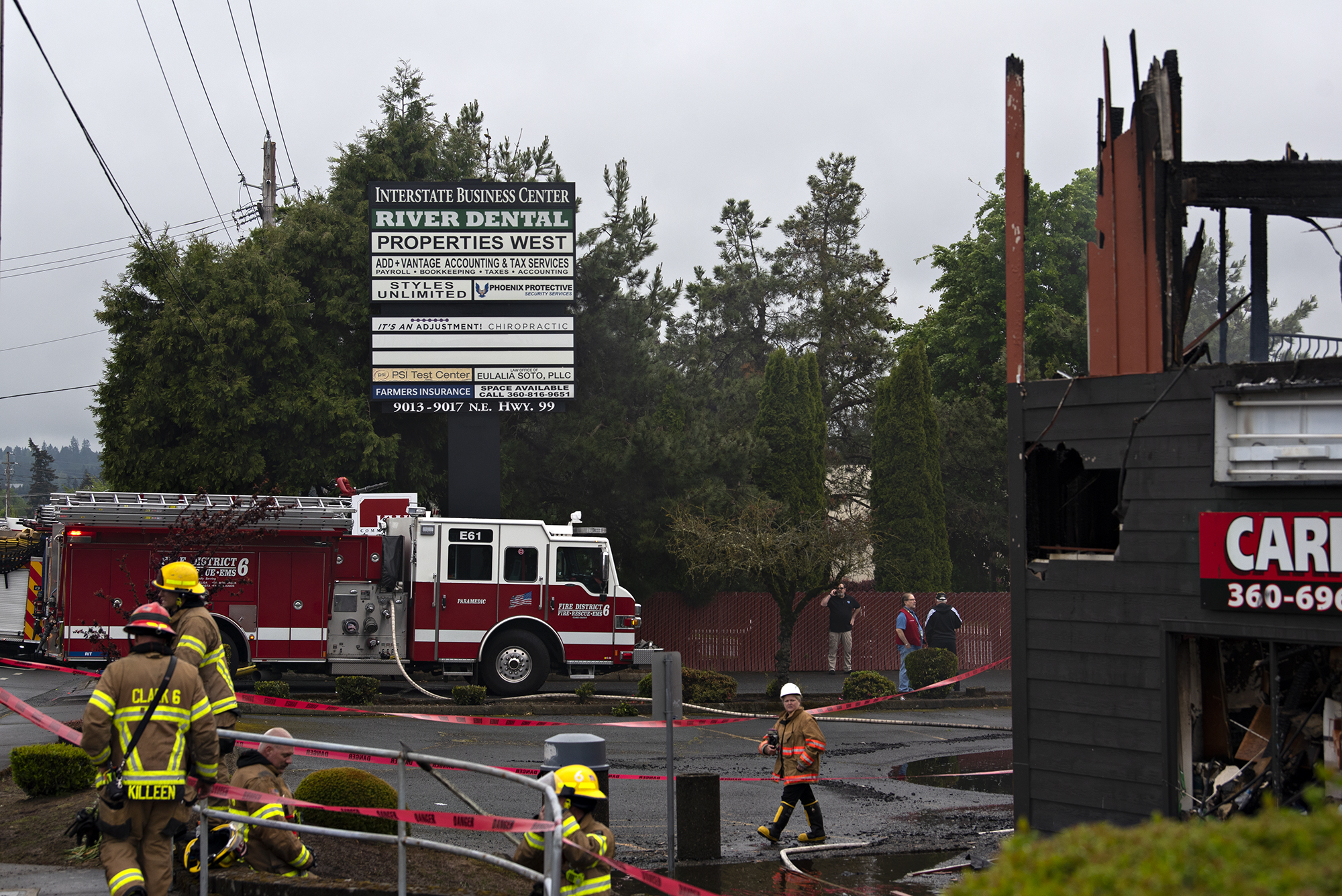 A two alarm fire heavily damages a building at the Interstate Business Center in Hazel Dell, as seen on Wednesday morning, May 25, 2022.