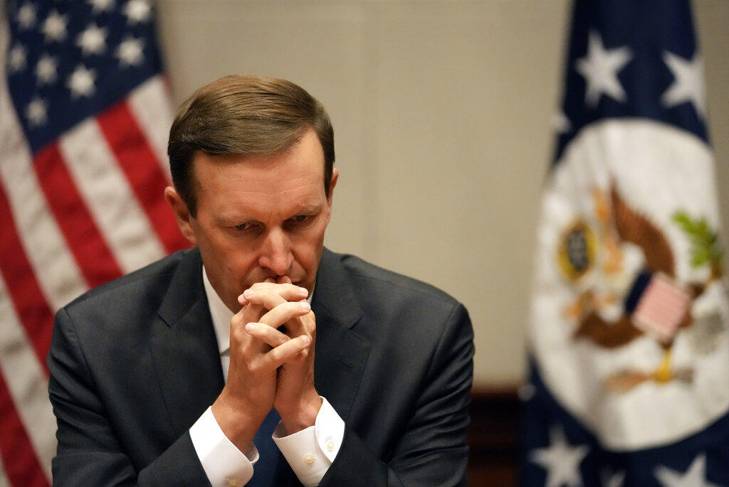 U.S. Senator Chris Murphy (D-CT) listens to a question during a press conference in the U.S. embassy in Belgrade, Serbia, Tuesday, April 19, 2022. A U.S. Senate delegation on Tuesday urged Serbia to join the rest of Europe and impose sanctions against Russia for its bloody carnage in Ukraine. Although Serbia voted in favor of three UN resolutions condemning the Russian aggression against Ukraine, it has not joined international sanctions against Moscow.