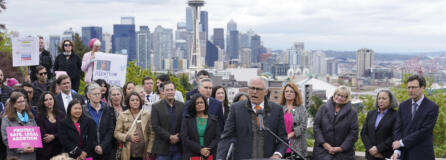 Washington Gov. Jay Inslee speaks Tuesday, May 3, 2022, at a rally at a park overlooking Seattle. Inslee said that Washington state would remain a pro-choice state and that women would continue to be able to access safe and affordable abortions. (AP Photo/Ted S.