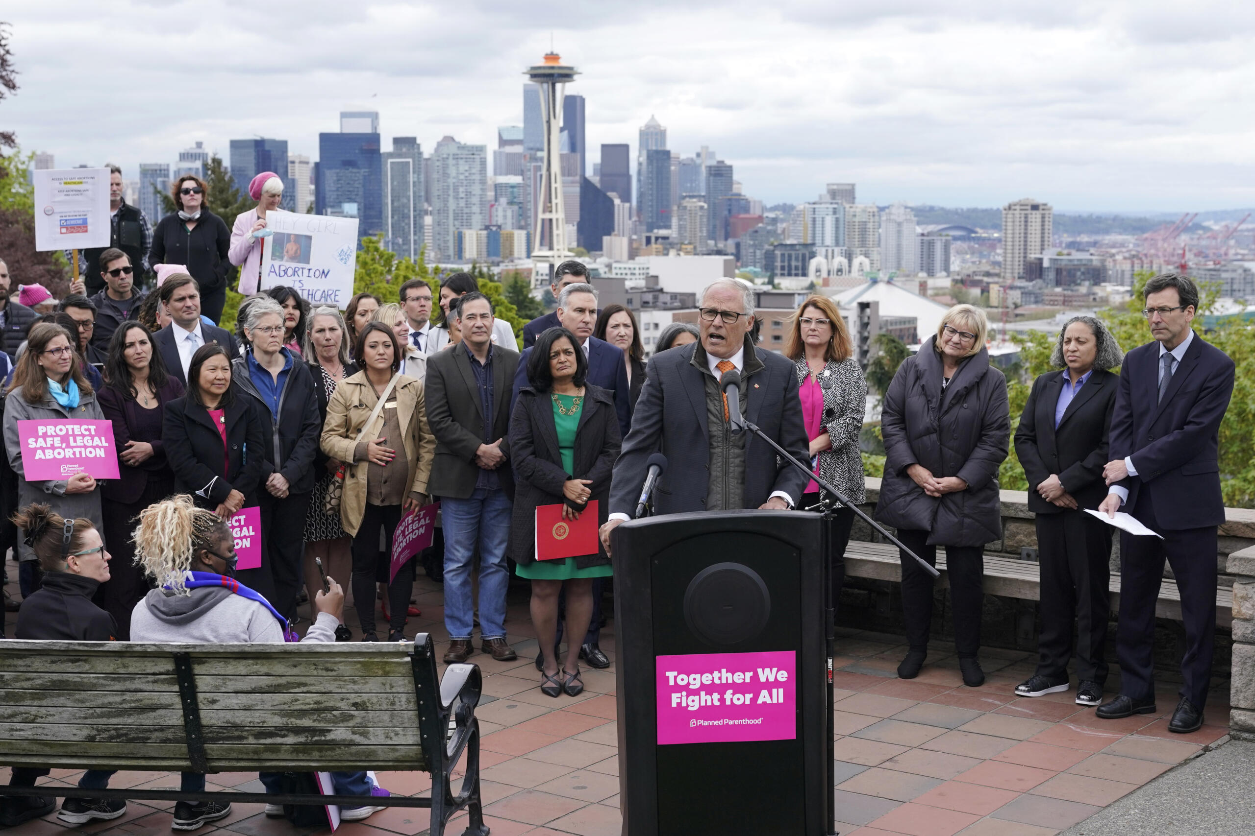 Washington Gov. Jay Inslee speaks Tuesday, May 3, 2022, at a rally at a park overlooking Seattle. Inslee said that Washington state would remain a pro-choice state and that women would continue to be able to access safe and affordable abortions. (AP Photo/Ted S.